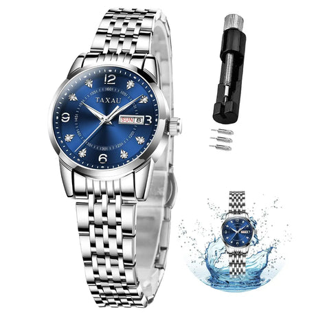 Taxau Watches for Women Blue Watch Women Silver Watch for Women Fashion Luxury Dress Womens Watches with Date Stainless Steels Waterproof Women Watches Small Womens Watch Quartz Ladies Watch - Lootquake