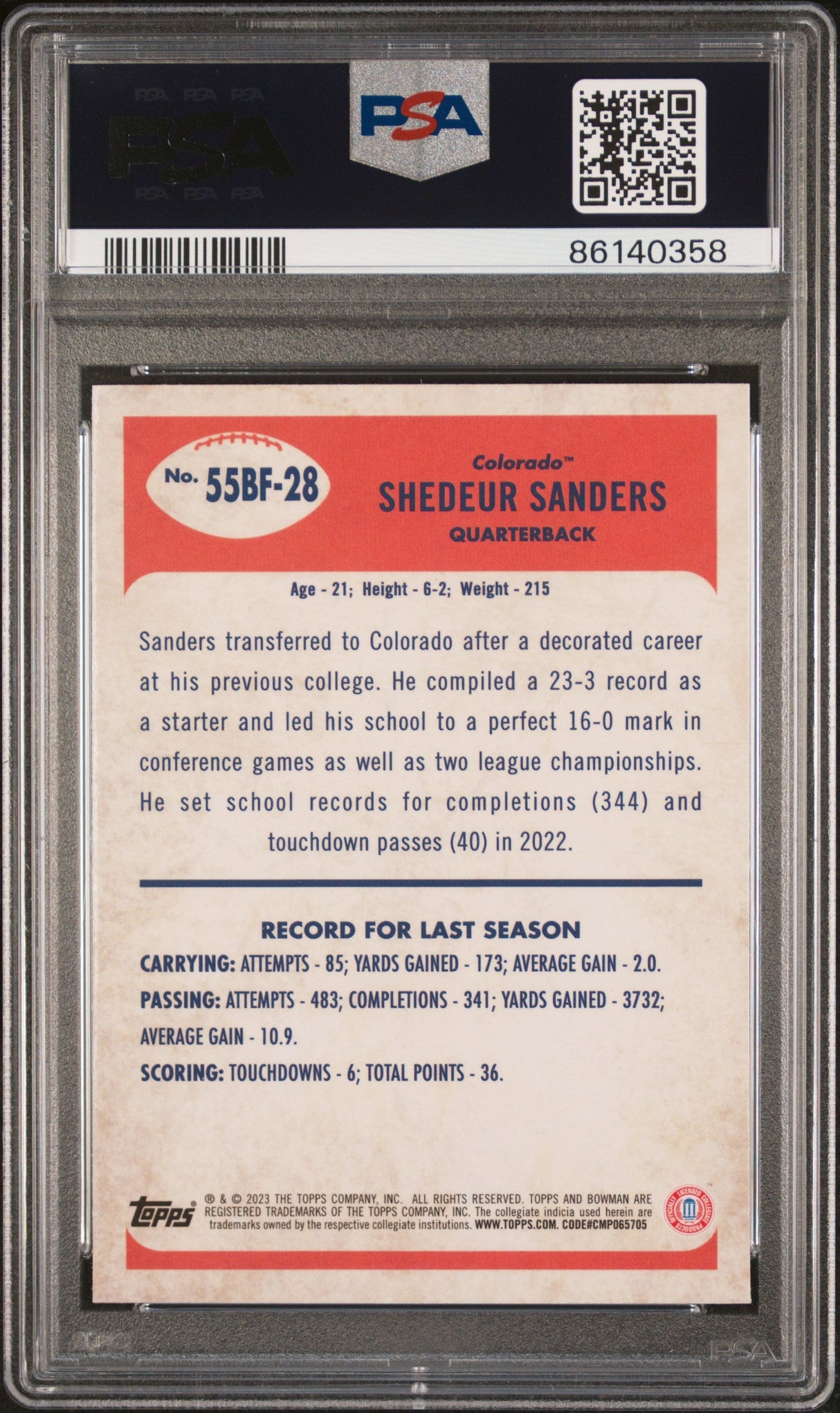 Tarjeta de fútbol americano Topps Bowman U Chrome Shedeur Sanders n.° 55BF28 de 1955, con calificación 2023, para novatos de Bowman, PSA 10 Gem Mint