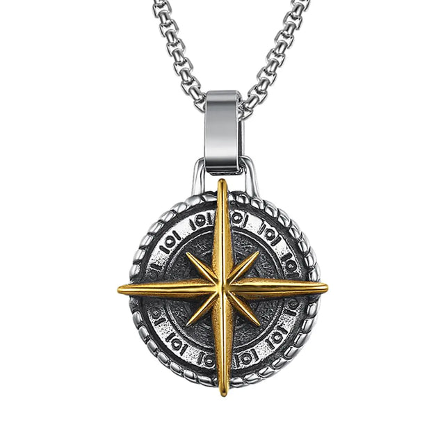 JWM Mens Pendants Necklaces Jewelry for Adults with 23.6 Stainless Steel Square Pearl Chain (022-Golden Compass Necklaces) - Lootquake