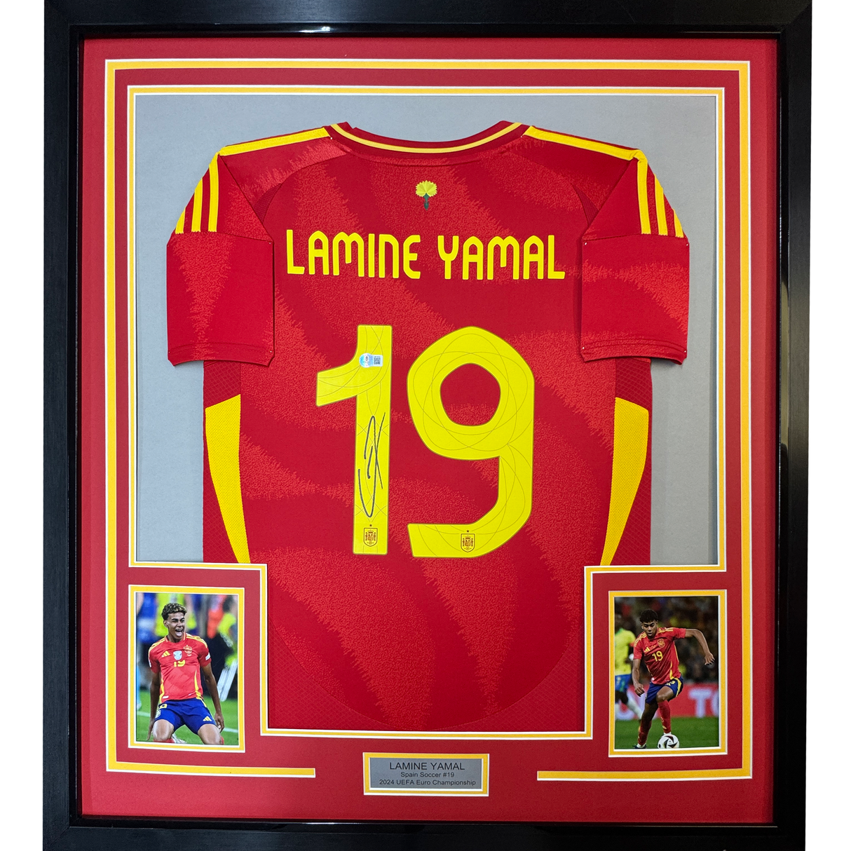 Lámina enmarcada, autografiada y firmada Yamal 35 x 39, camiseta roja de fútbol de la Copa del Mundo de España, Beckett BAS COA 