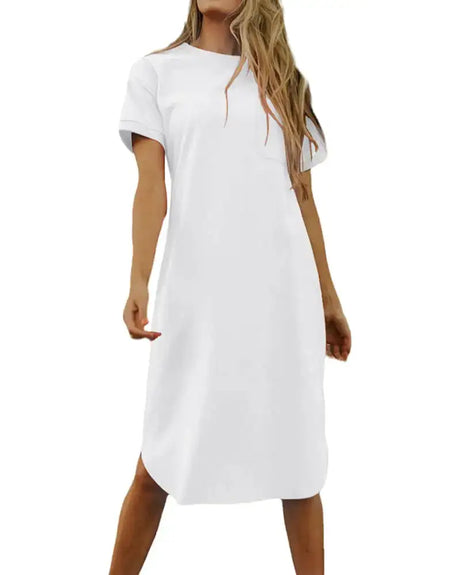 Dyexces Womens Summer Tshirt Midi Dresses Tshirts Crew Neck Short Sleeve Dress T-Shirts Solid Basic Casual Maxi Dresses with Pocket T-Shirt Dresses White - Lootquake