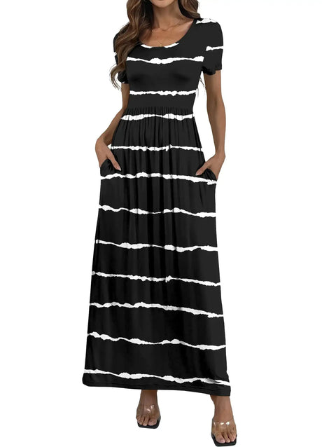 HAOMEILI Womens Short Sleeve Loose Maxi Dresses Casual Long Dresses with Pockets 3XL-Striped Black - Lootquake