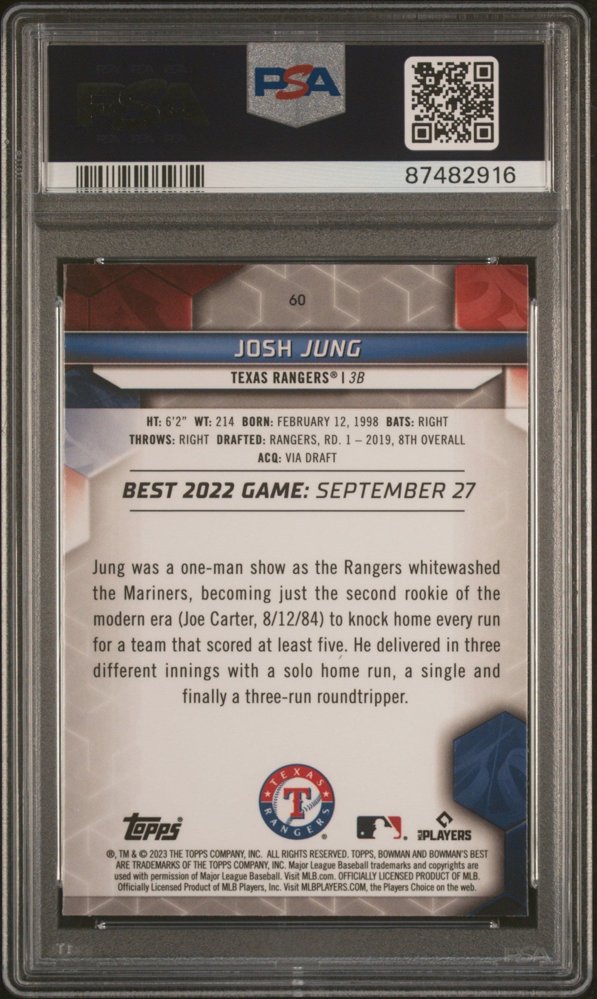 Tarjeta de béisbol Topps Bowmans Best Josh Jung #60 Rookie RC de 2023, PSA 10 Gem Mint