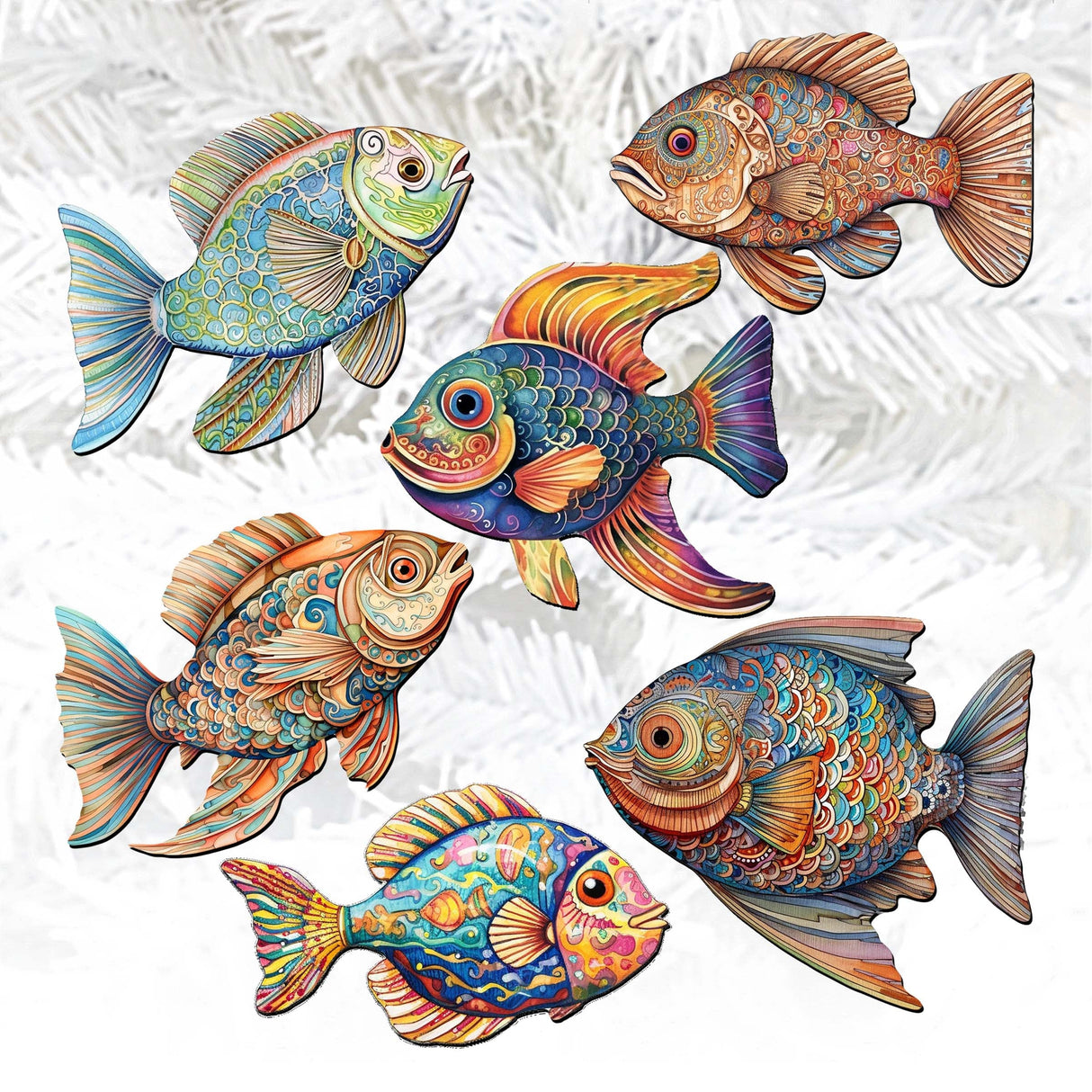 Coastal Fish Decorative Wooden Clip-on Ornaments Set of 6 by G. Debrekht - Coastal Decor - 8090034C-S6