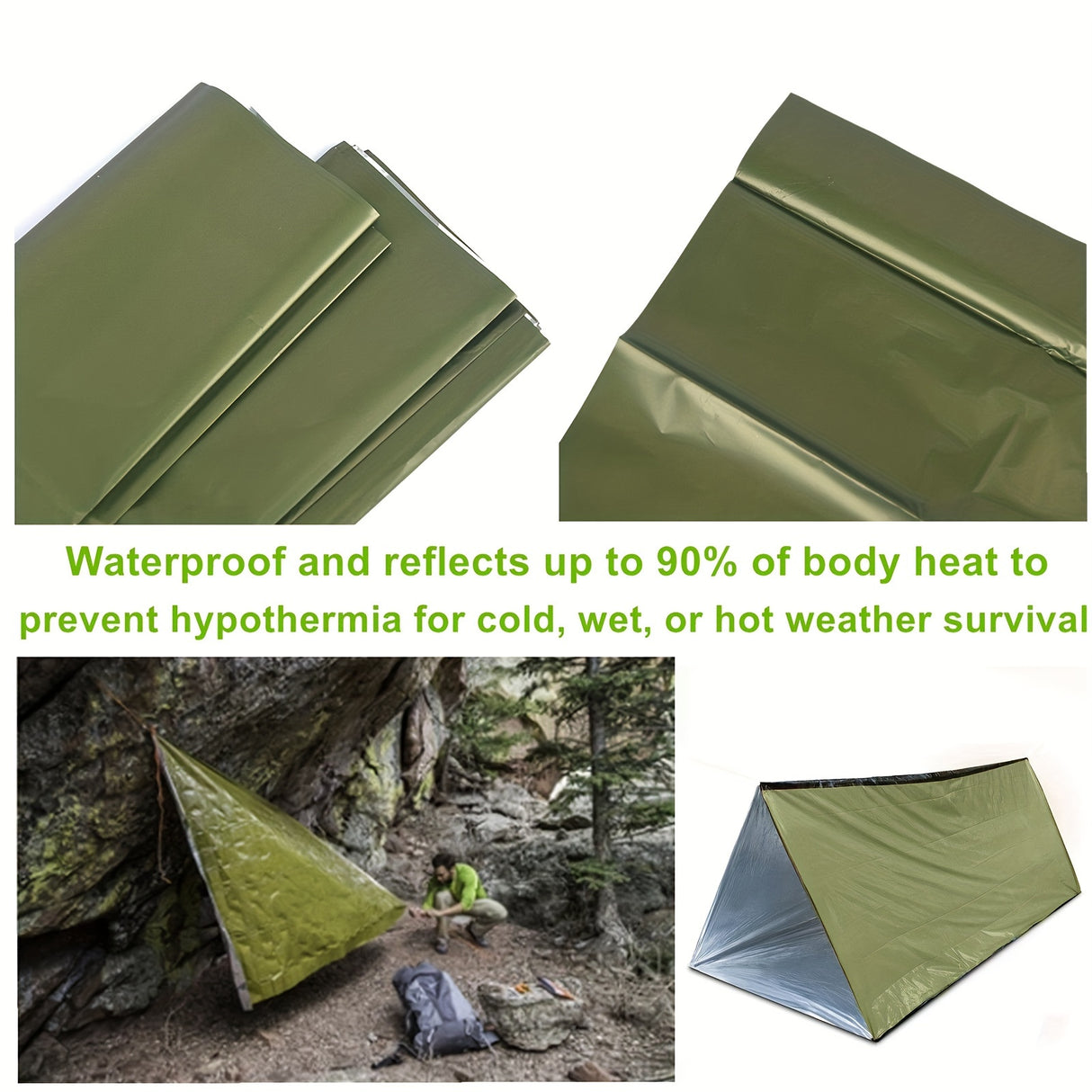 Tente d'abri d'urgence pour 2 personnes avec couverture isolante en polyéthylène : durable, coupe-vent et imperméable pour le camping et la préparation aux crises