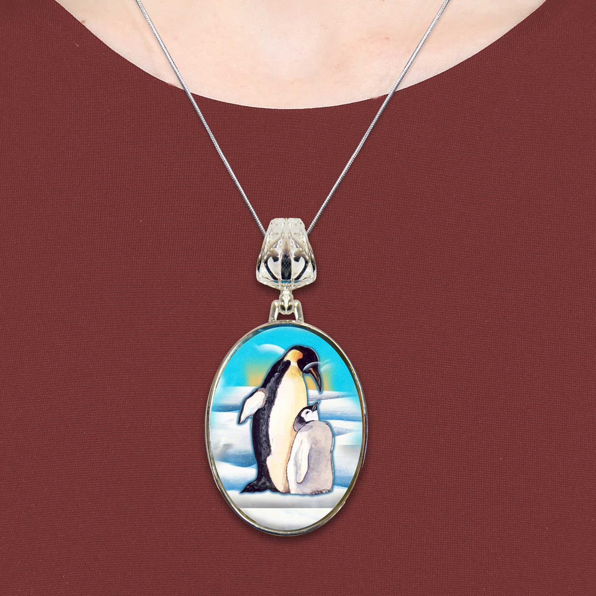 Love Coup[e Penguins Silver Plated Mother of Pearl Jewelry Pendant Necklace - 44033-2