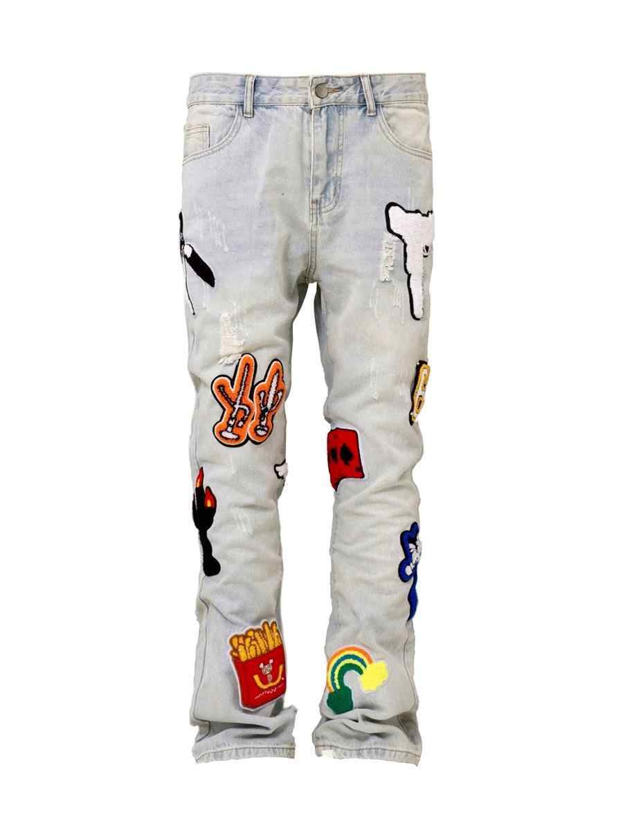 Light Color Irregular Towel Embroidered Slim Straight-leg Denim Trousers - Lootquake