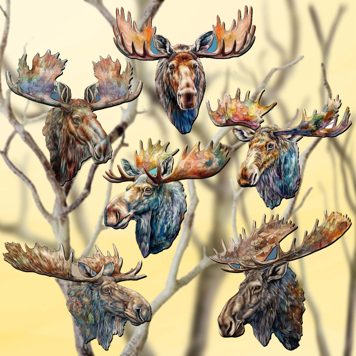 Majestic Moose Decorative Wooden Clip-on Ornaments Set of 6 by G. Debrekht - Wildlife Decor - 8090108C-S6