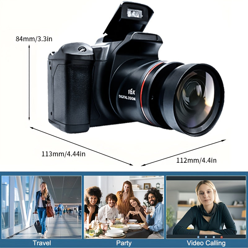 1080P Full HD Digital Camera with 32GB Card, 16x Zoom, 9.88mm Wide-Angle Lens – Compact Travel Essential for Women, Black, Powered by 4 AA Batteries (Not Included), Travel Photography | Sleek Black Camera | Highquality Lens