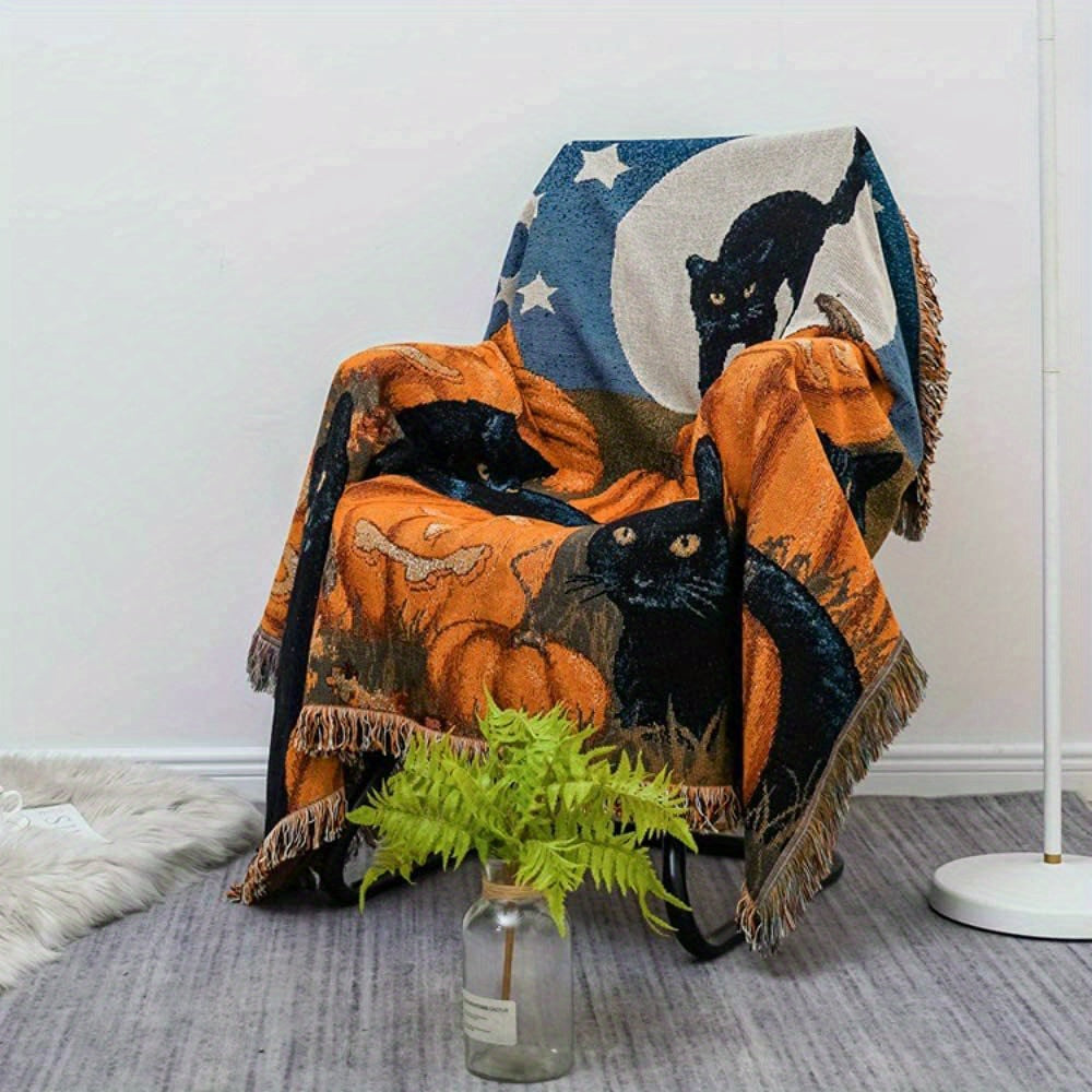 1 couverture d'Halloween à franges, 100 % coton, légère, idéale pour un canapé, un lit ou une chaise.