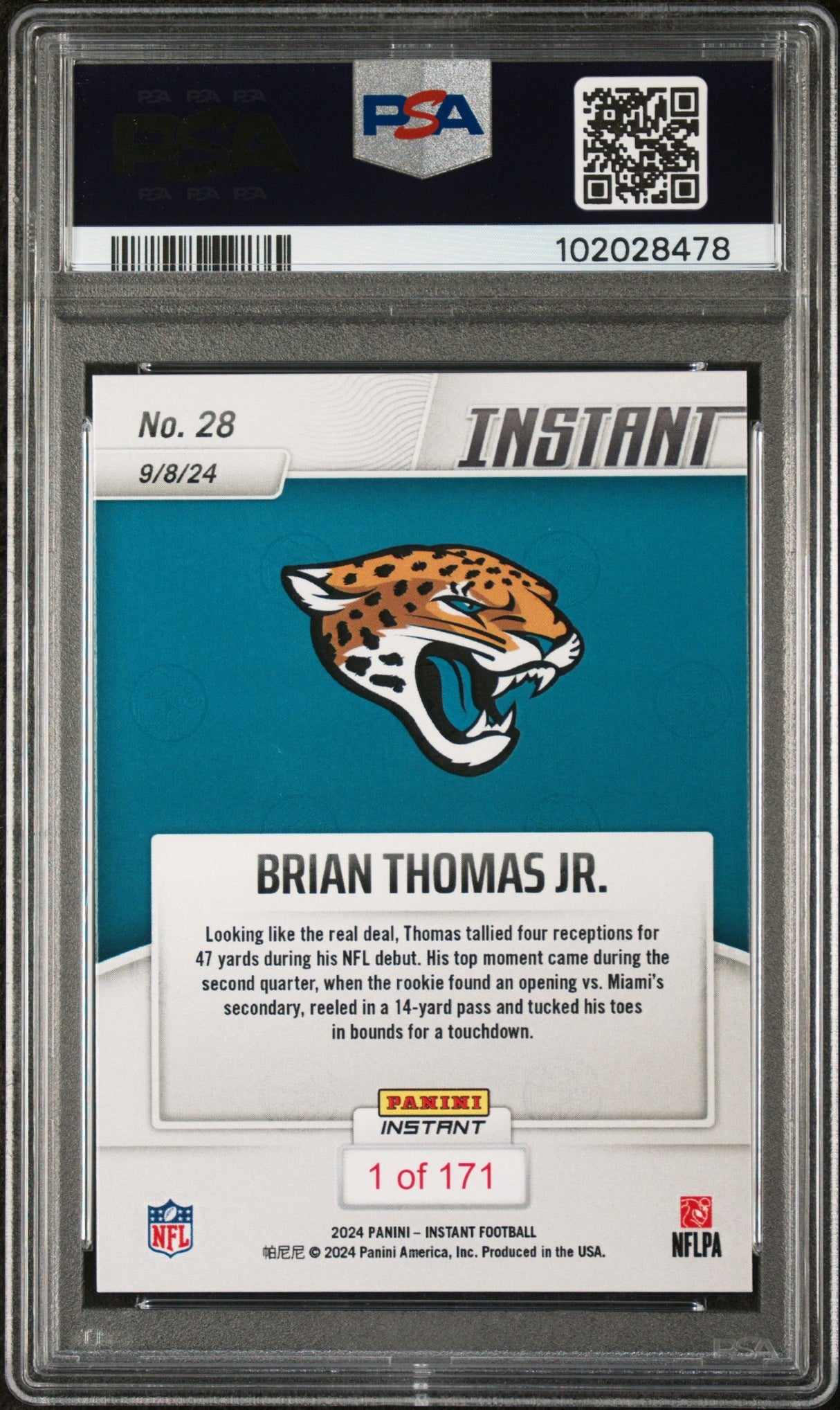 Tarjeta de fútbol americano Panini Instant NFL Brian Thomas Jr #28 Rookie RC de 2024, PSA 10 Gem Mint