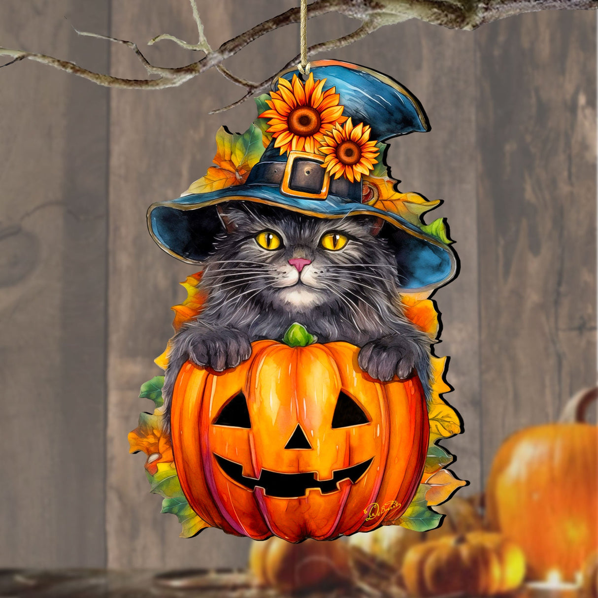 Black Cat Pumpkin Wooden Ornaments by G. Debrekht  Halloween Decor - 8652794