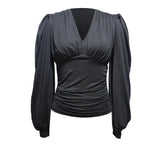 Ladies' Fashionable New Style Low Head Lantern Sleeve Pleated Top Casual V-neck Shirt - Lootquake