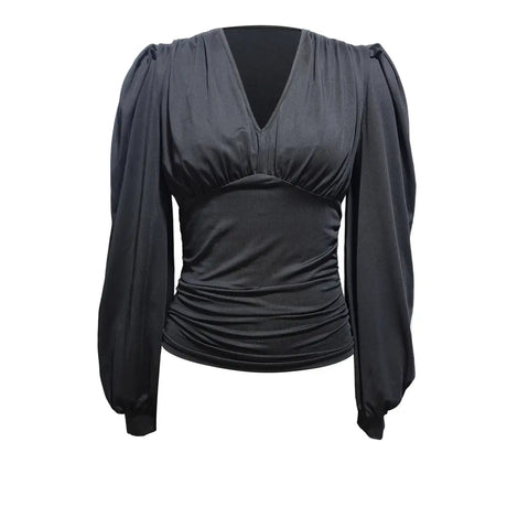 Ladies' Fashionable New Style Low Head Lantern Sleeve Pleated Top Casual V-neck Shirt - Lootquake
