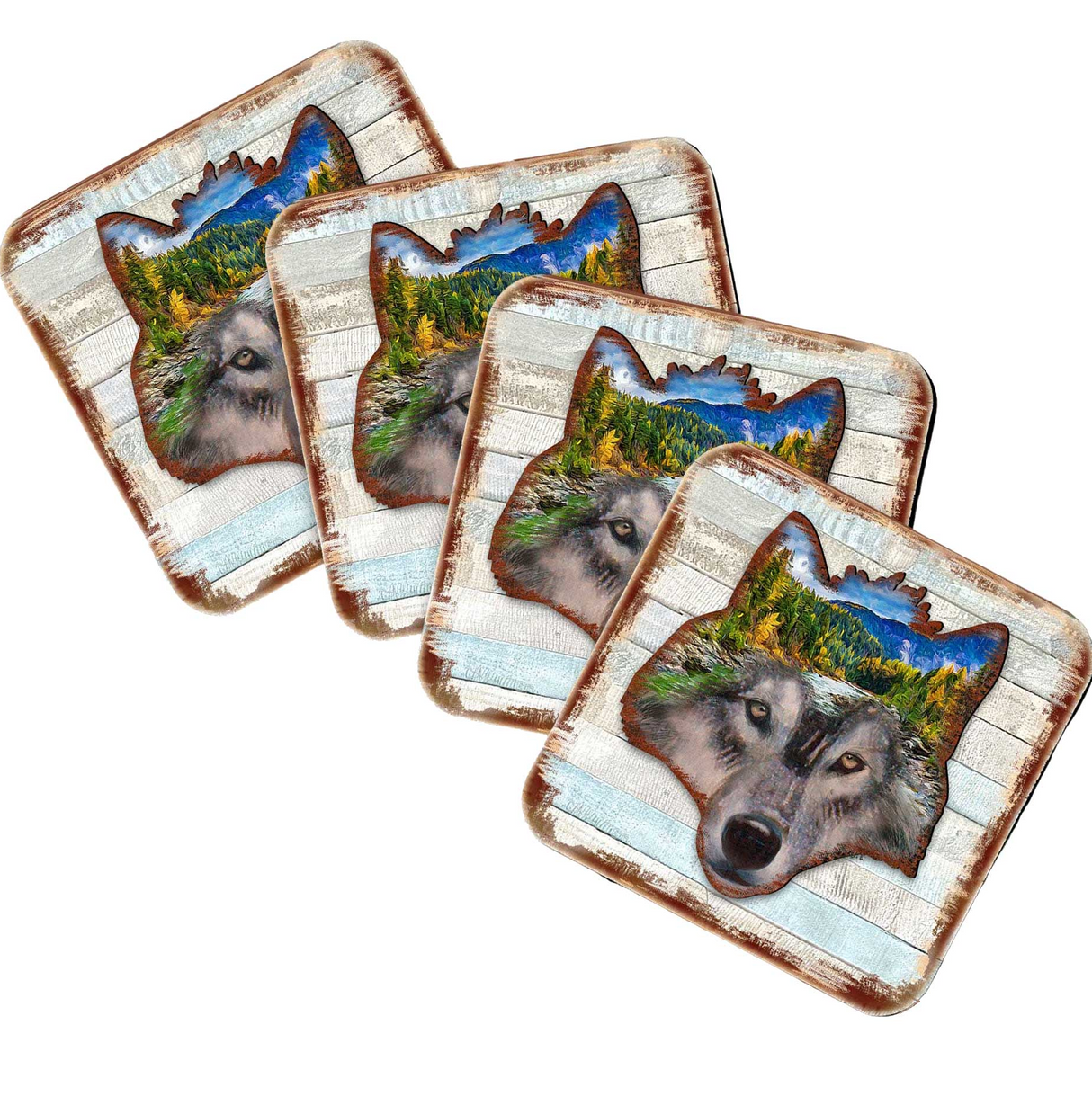 Juego de 4 posavasos de corcho de madera con cara de lobo de Nature Wonders - Decoración de vida silvestre - 8198227-4-9C-S4