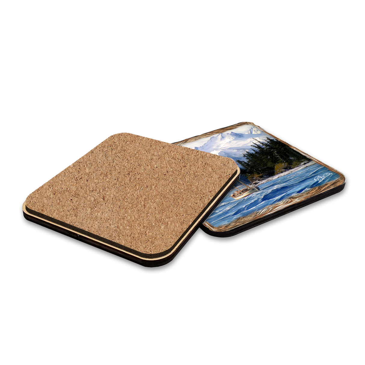 Fishing Boats Wooden Cork Placemat and Coasters Gift Set of 7 by Nature Wonders Coastal Wildlife Decor  - 85405C-S7