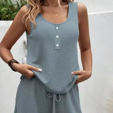 Women's Solid Color Set Knitted With Two-piece Vest Top And Drawstring Shorts Set - Lootquake