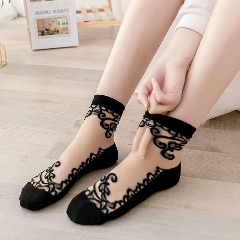 5 pares de calcetines de malla bordados, finos y cómodos, de tubo medio, para mujer.