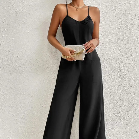 Ladies' Cross Leisure Vacation Lazy Backless Wide Leg Pants Camisole Skirt Jumpsuit - Lootquake
