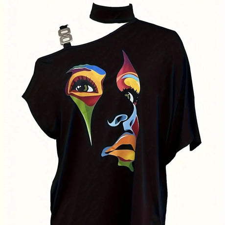 Ladies' Fashionable Slanted Shoulder Collar Printed T-shirt Top - Lootquake