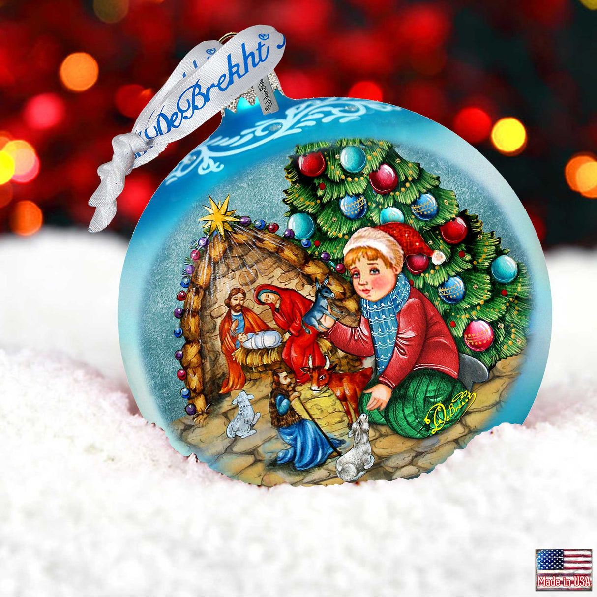 Adorno grande de cristal azul "Nacimiento junto al árbol de Navidad" de G.Debrekht - Decoración navideña - 73930B