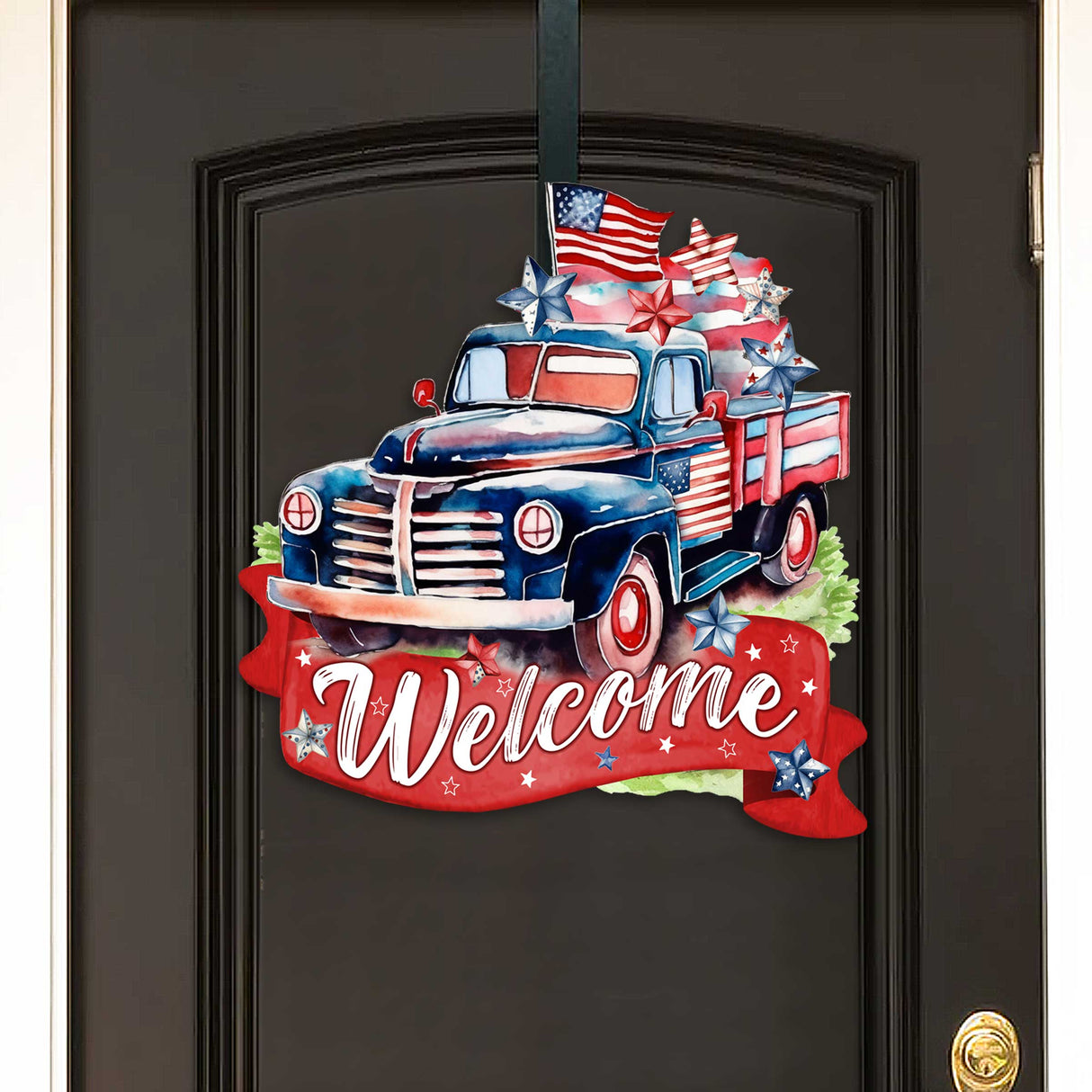Letrero de bienvenida para puerta de entrada. American Car. Unidos nos mantenemos. Porche delantero. Corona patriótica. Pancarta de entrada principal. Letrero de bienvenida rojo y blanco. Decoración de porche delantero de madera. - 933108H