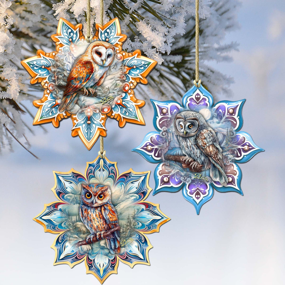 Owls Snowflake Wooden Ornaments Set of 3 by G. Debrekht - Nature Wildlife Decor - 8090152-S3