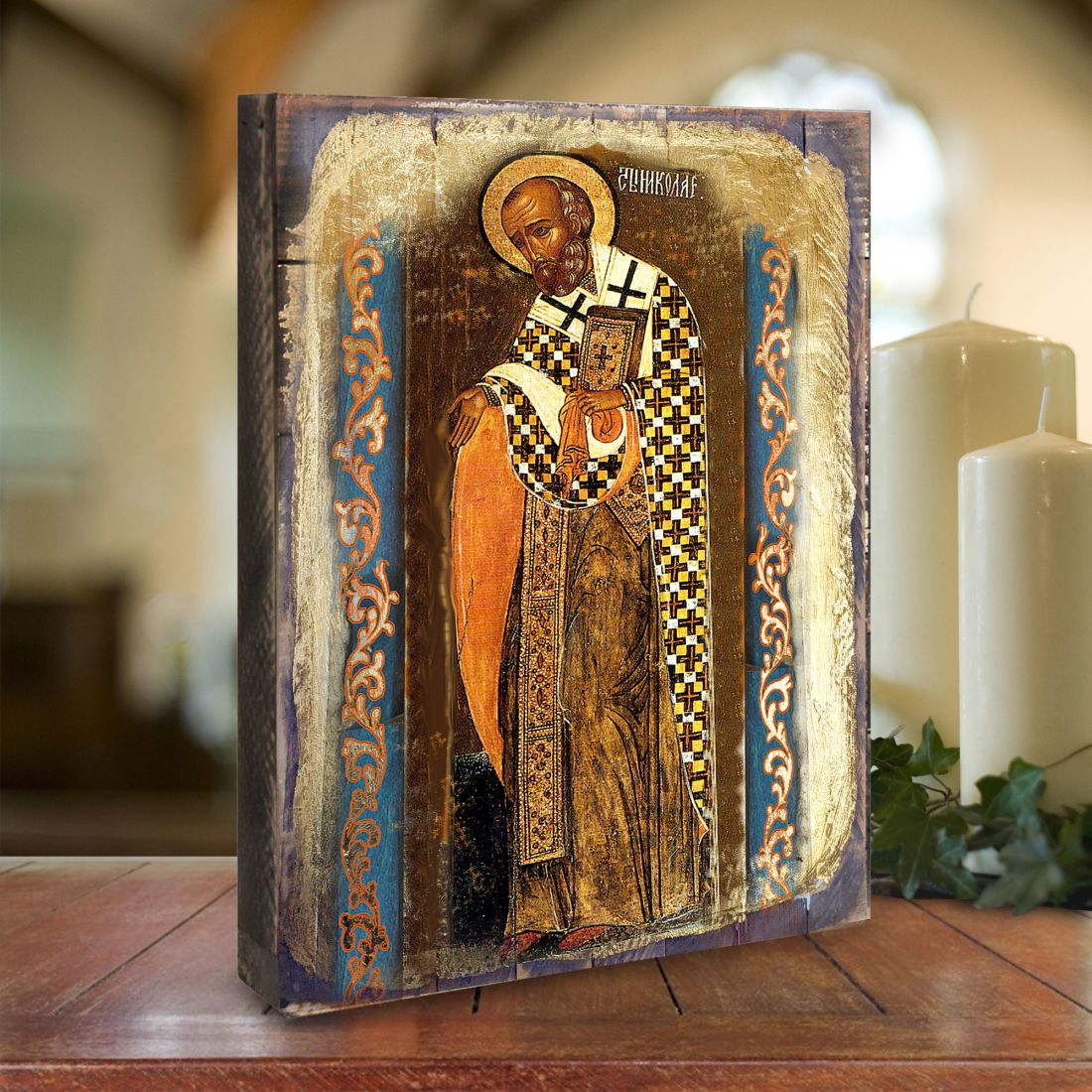Icono sagrado ortodoxo religioso de madera de San Nicolás bañado en oro - Decoración inspiradora - 85033