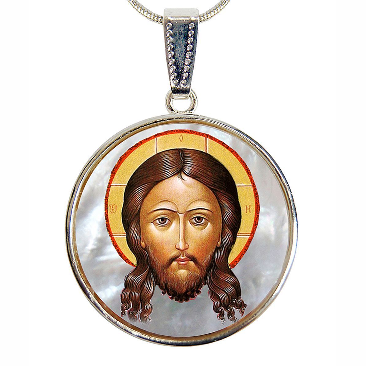 Collar de nácar bañado en plata con el Icono del Santo Rostro - 43018