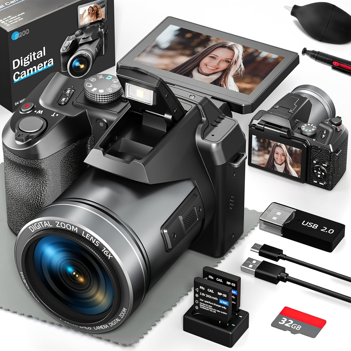 Cámara digital NBD de 64 MP para fotografía, videocámara 5K para YouTube con pantalla abatible de 3", zoom digital de 16x, enfoque automático, 2 baterías, tarjeta TF de 32 GB (S205, negra)