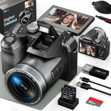 Cámara digital NBD de 64 MP para fotografía, videocámara 5K para YouTube con pantalla abatible de 3", zoom digital de 16x, enfoque automático, 2 baterías, tarjeta TF de 32 GB (S205, negra)