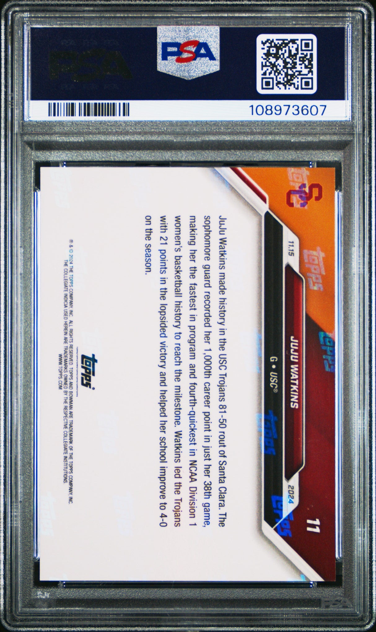 Tarjeta de baloncesto RC JuJu Watkins #11 Rookie de Topps Bowman U (clasificada en 2024) PSA 9 Mint