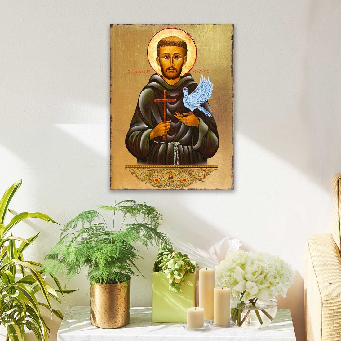 Icono religioso cristiano sagrado de San Francisco de madera bañado en oro - Decoración inspiradora - 85024