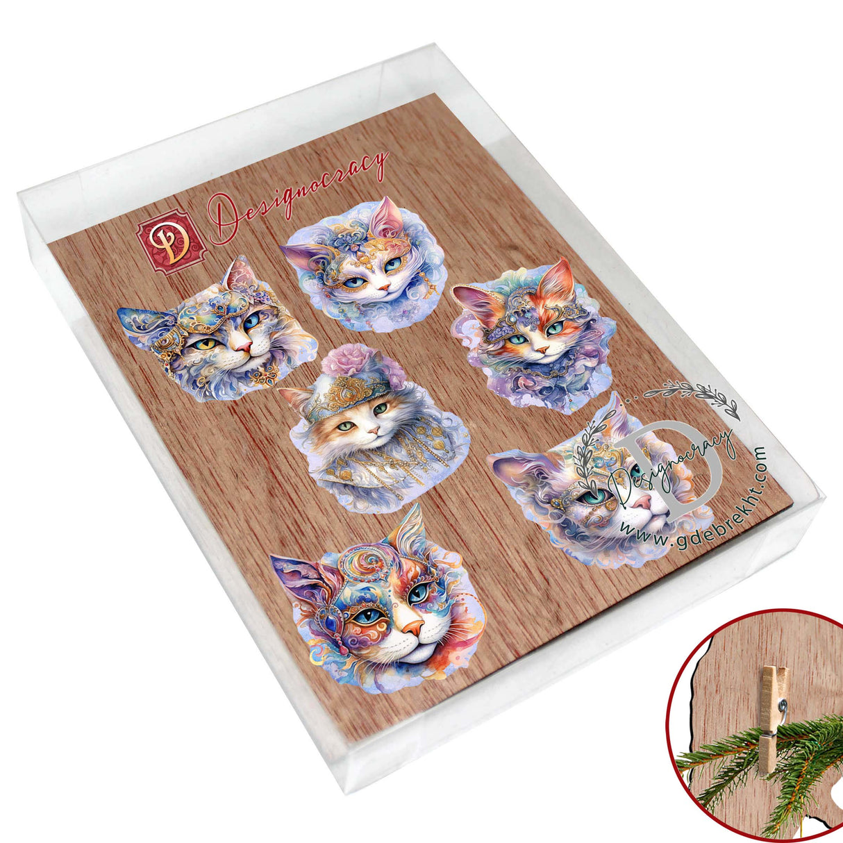 Cats Masks Decorative Wooden Clip-on Ornaments Set of 6 by G. Debrekht - Christmas Decor - 8090033C-S6