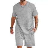 Sports Casual Suit Solid Color Round Neck T-shirt Shorts - Lootquake