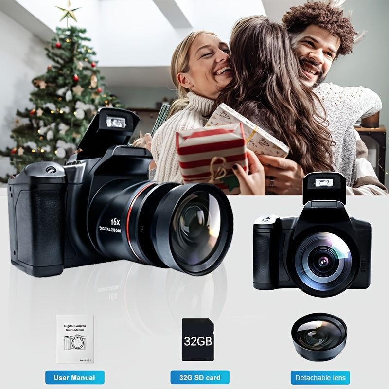 1080P Full HD Digital Camera with 32GB Card, 16x Zoom, 9.88mm Wide-Angle Lens – Compact Travel Essential for Women, Black, Powered by 4 AA Batteries (Not Included), Travel Photography | Sleek Black Camera | Highquality Lens