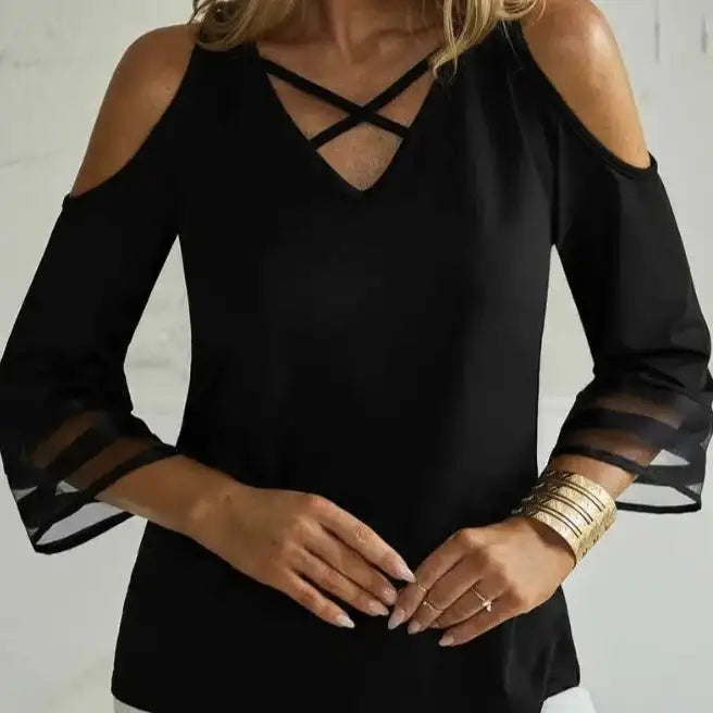 Ladies' Solid Color Collar Cross Design Off Shoulder Fashionable Casual Mid Long Sleeved T-shirt Top - Lootquake