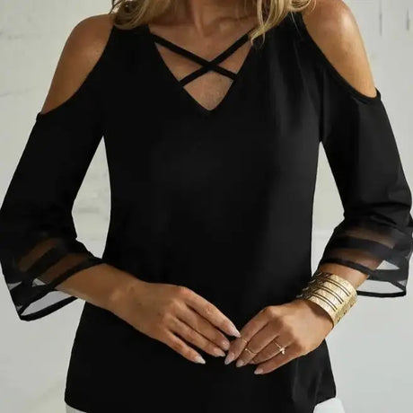 Ladies' Solid Color Collar Cross Design Off Shoulder Fashionable Casual Mid Long Sleeved T-shirt Top - Lootquake