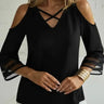 Ladies' Solid Color Collar Cross Design Off Shoulder Fashionable Casual Mid Long Sleeved T-shirt Top - Lootquake