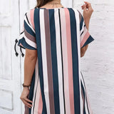 Ladies' Contrasting Striped Print Notch V-neck Short Casual Loose Dress - Lootquake
