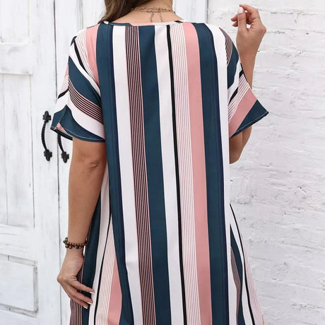 Ladies' Contrasting Striped Print Notch V-neck Short Casual Loose Dress - Lootquake