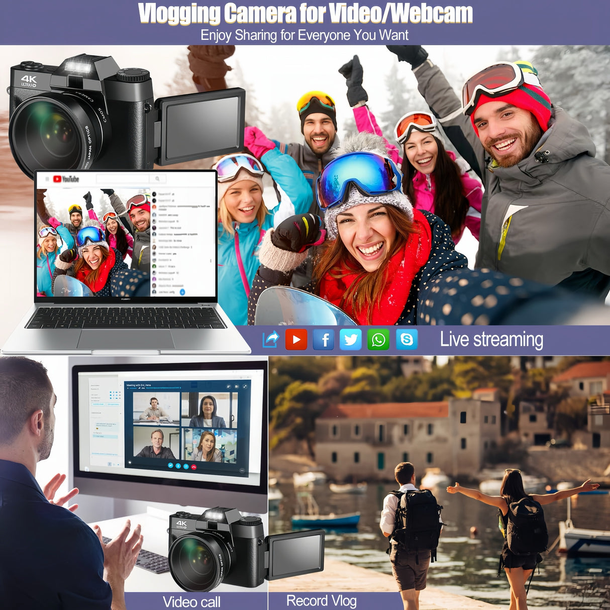 Cámara digital 4K de 48 MP y 16 aumentos con enfoque automático para fotografía y video, con wifi, pantalla IPS abatible de 3" y 180°, antivibración, compacta para vlogs, con tarjeta de 32 GB y 2 baterías.