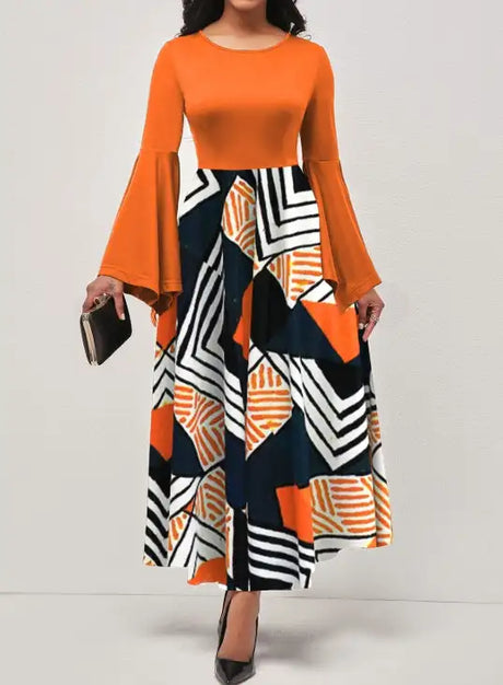 Ladies' Round Neck Printed Irregular Cuff Design Fashionable Dress - Lootquake