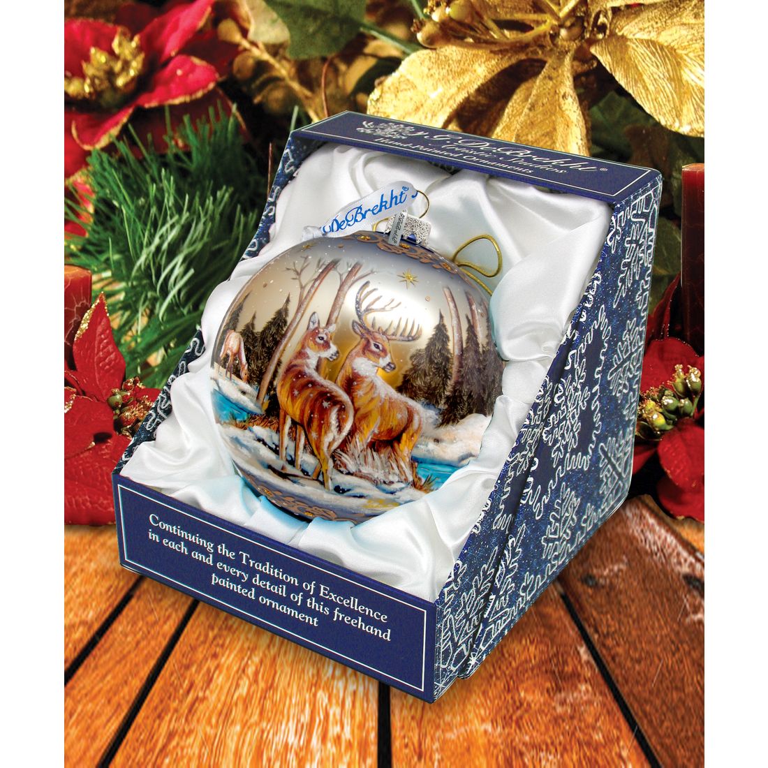 Peaceful Greetings Reindeers Ball Glass Ornament Limited Edition by G. DeBrekht - Christmas Decor - 73883