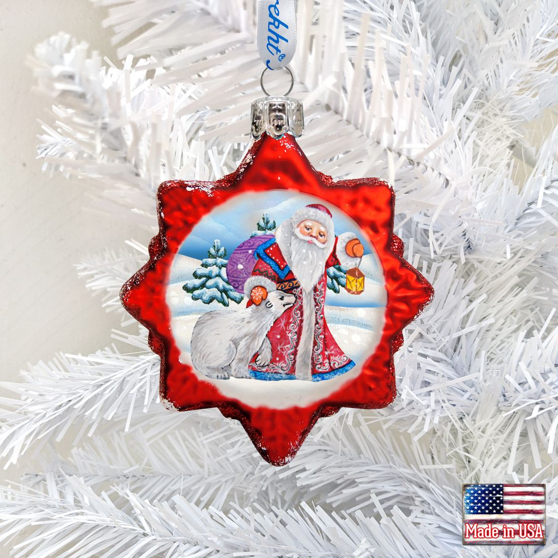 Adorno de vidrio de mercurio de Papá Noel con oso polar de G. DeBrekht - Decoración navideña de Papá Noel y muñeco de nieve - 773011