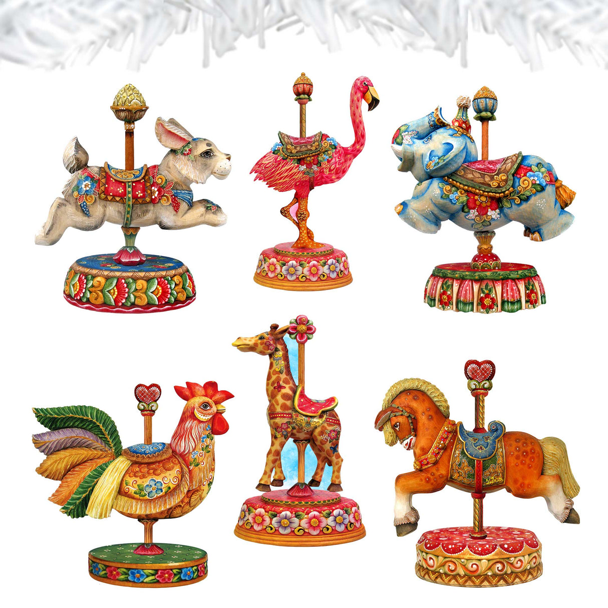 Carousel Decorative Wooden Clip-on Ornaments Set of 6 by G. Debrekht - Christmas Decor - 8090137C-S6