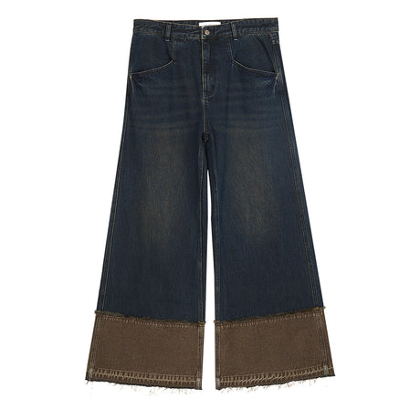 Brown Blue Nano Water Foot Washing Mouth Reverse Stitching Raw Hem Jeans - Lootquake