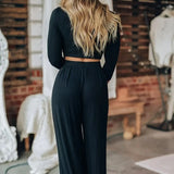 Women's Solid Color Two-piece Solid Exposed Navel Long Sleeved T-shirt And High Waist Wide Leg Pants Set - Lootquake