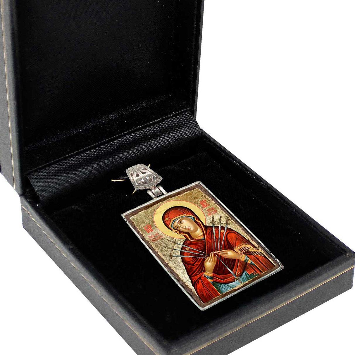 Collar cristiano bañado en plata con la Virgen María de las Siete Espadas - Decoración con icono inspirador - 43037R