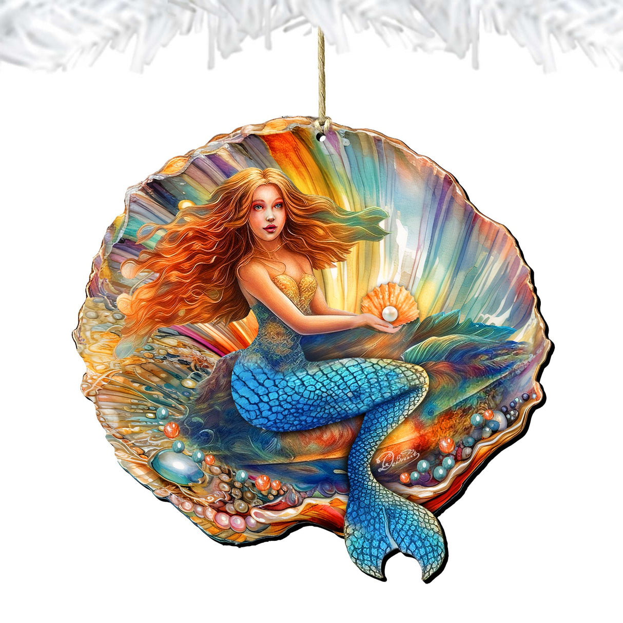 Nautical Christmas Decor - Mermaid in the Shell Wooden Ornaments by G.Debrekht Coastal Holiday Decor - 8688200